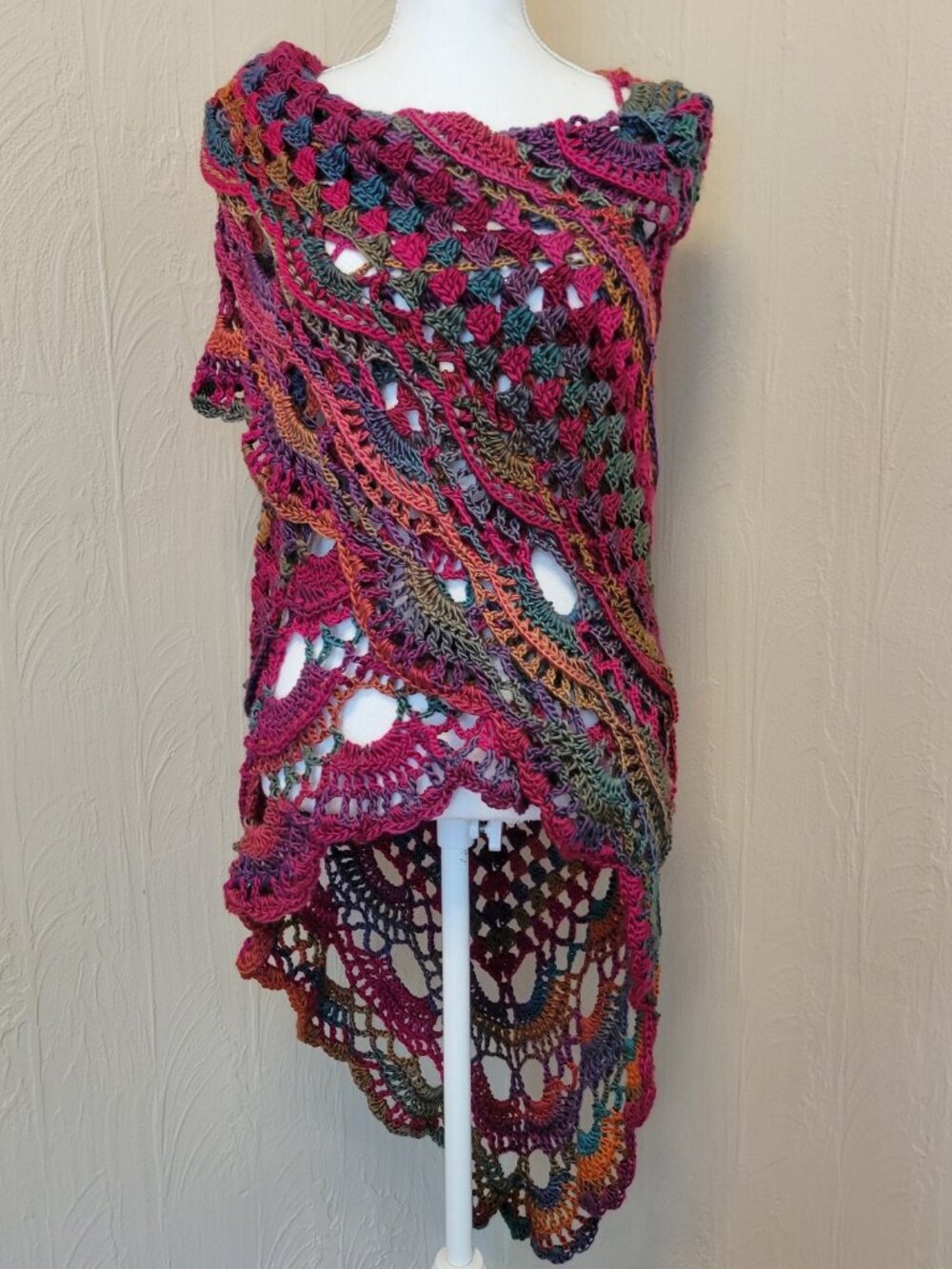 Boho Shawl Handmade Crochet Triangle Shawl Wrap Red & Blue Raspberry